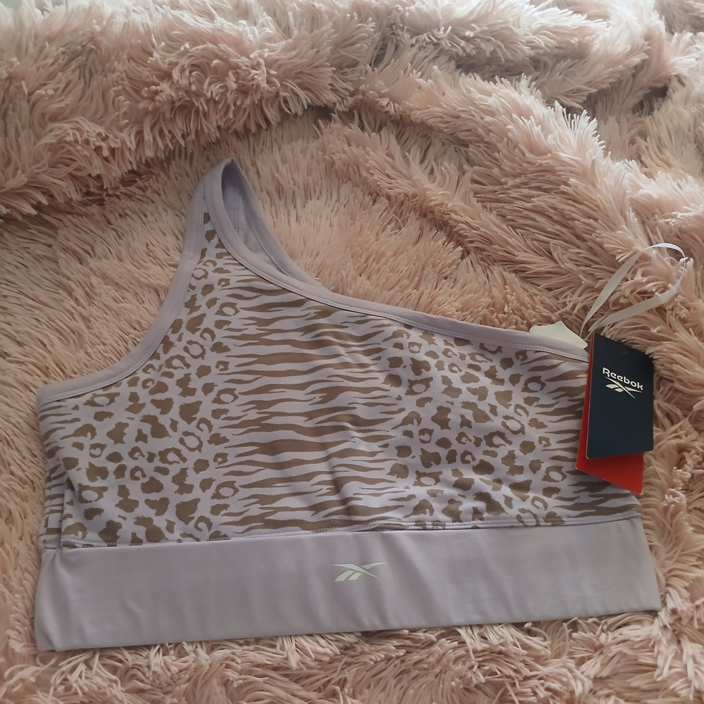 Reebok Women's Asymmetrical Leopard Sports Bra - Lavender and Tan